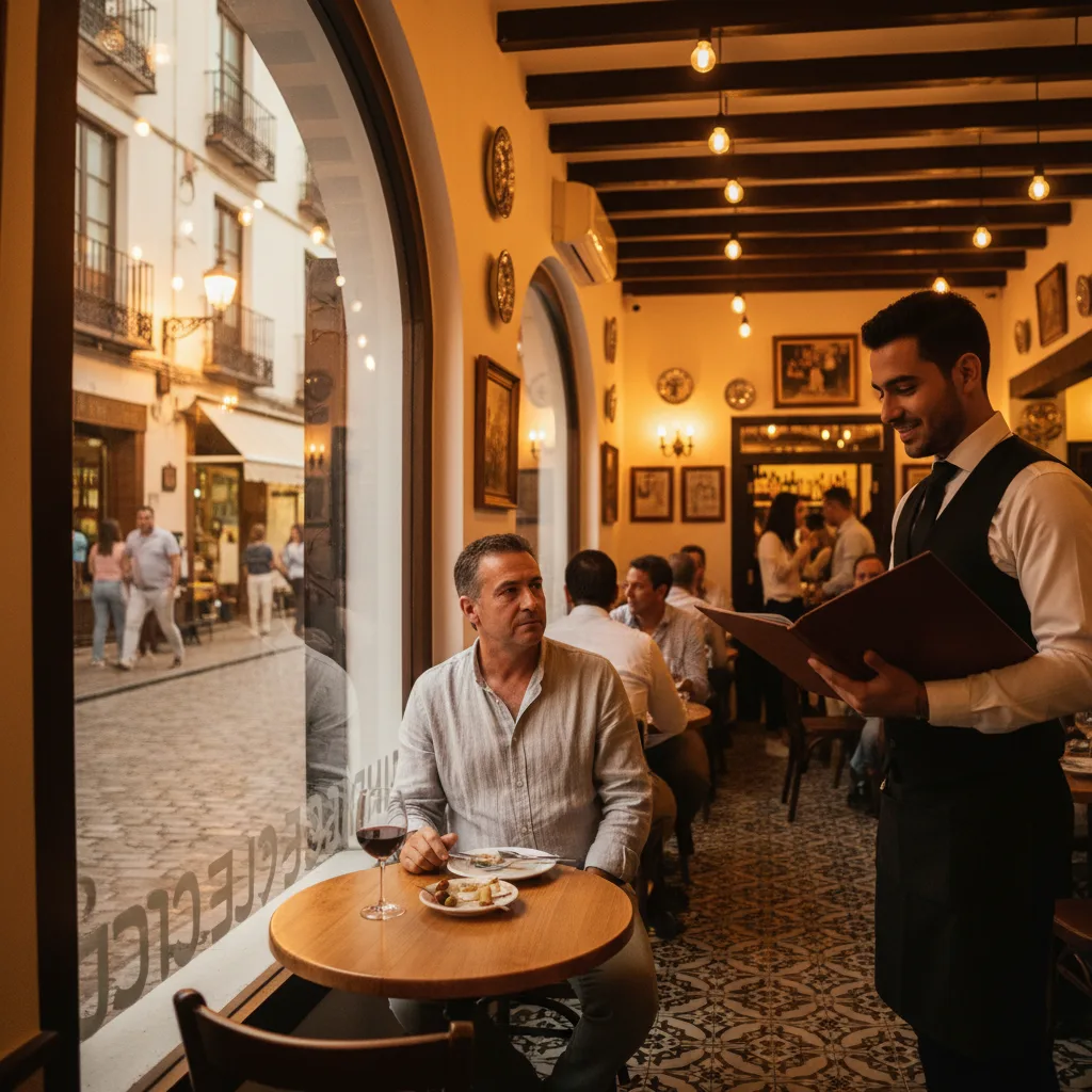 Cliente sentado en la mesa de un restaurante mientras se acerca el camarero