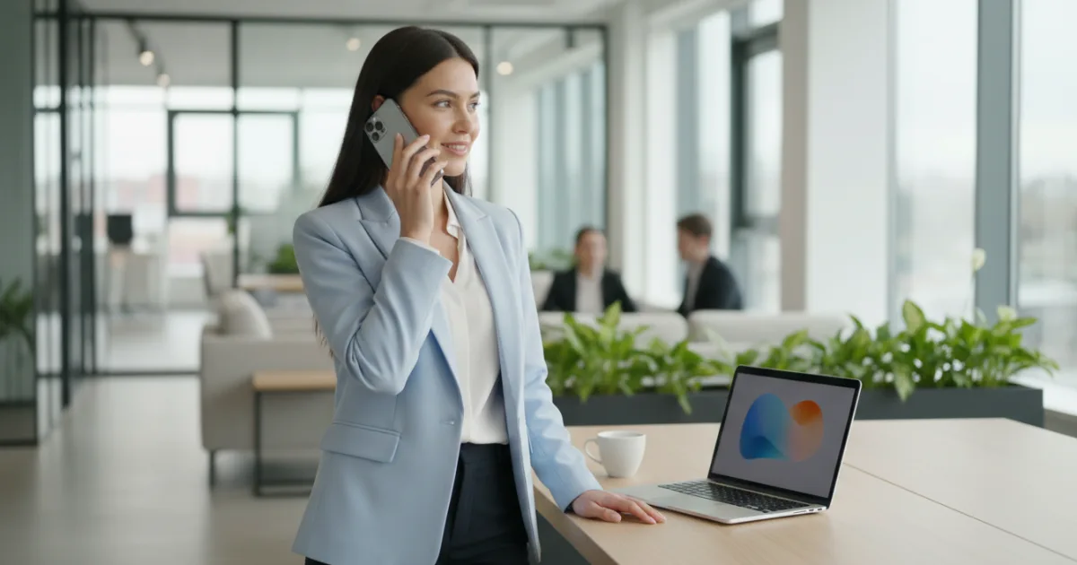 Persona atendiendo una llamada telefónica profesional en una oficina luminosa.