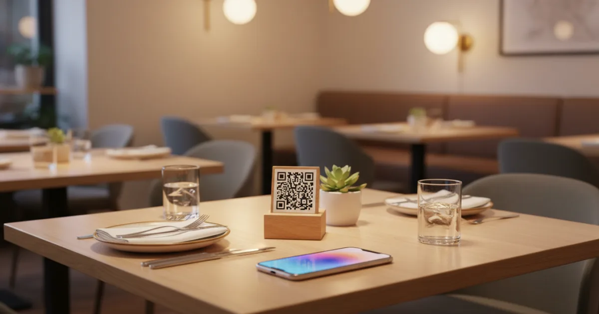Mesa de restaurante con un código QR para dejar reseñas y un teléfono móvil en un ambiente acogedor.