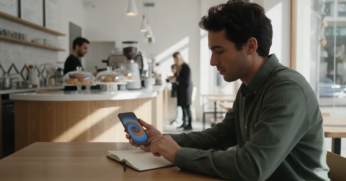 Persona realizando una visita de cliente misterioso en una cafetería moderna y luminosa.