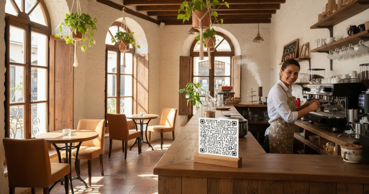 Interior de una cafetería local con un código QR en el mostrador para medir la satisfacción del cliente.