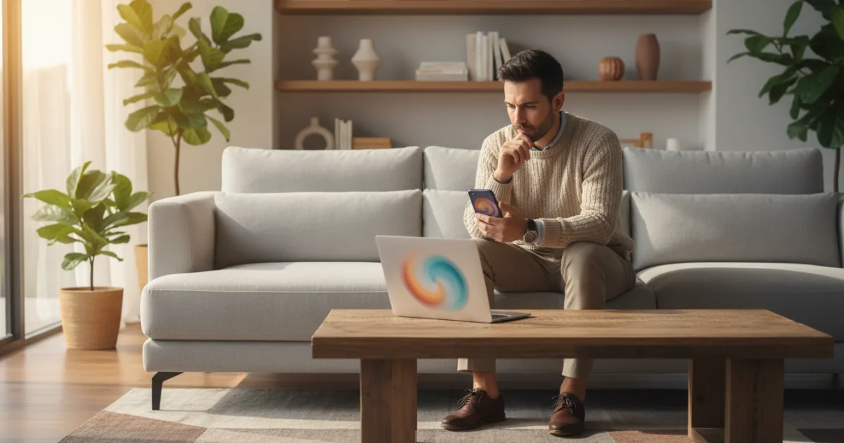 Persona trabajando desde el sofá de su casa con un ordenador portátil y un móvil evaluando un negocio online