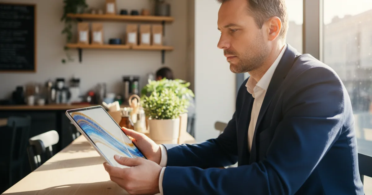 Dueño de negocio local analizando comentarios en una tablet dentro de su establecimiento