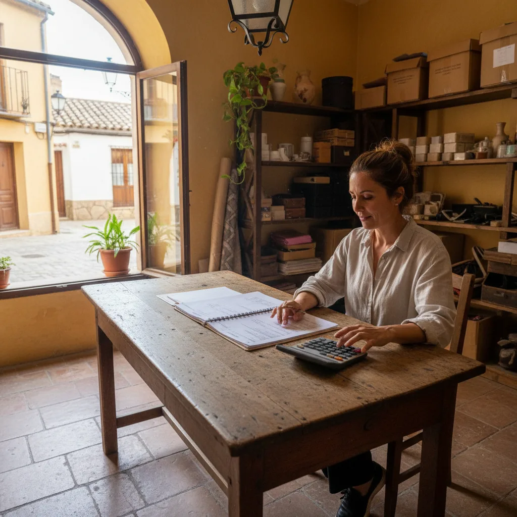 Dueña de un negocio revisando un presupuesto con una calculadora