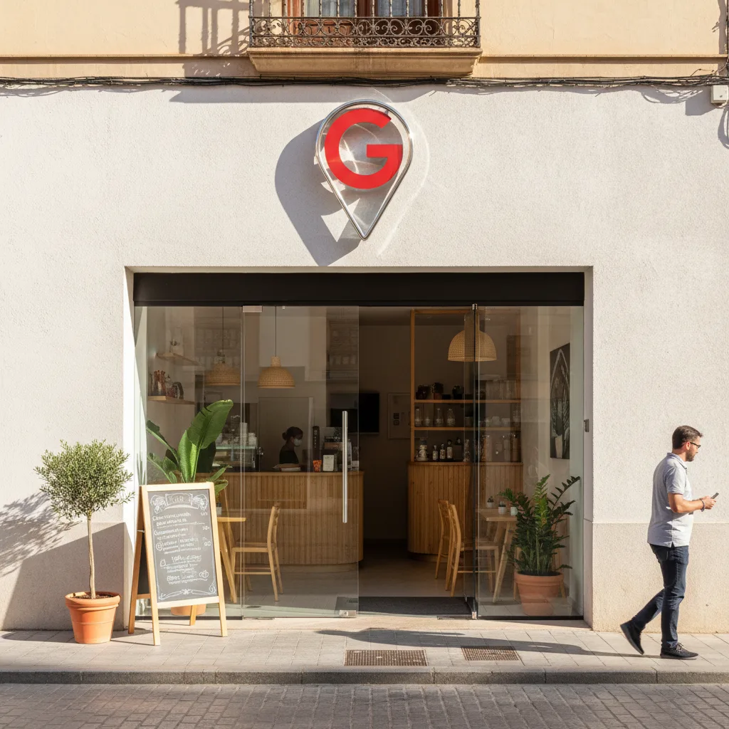 Dueño de un negocio local revisando su perfil de empresa en el móvil frente a su local.