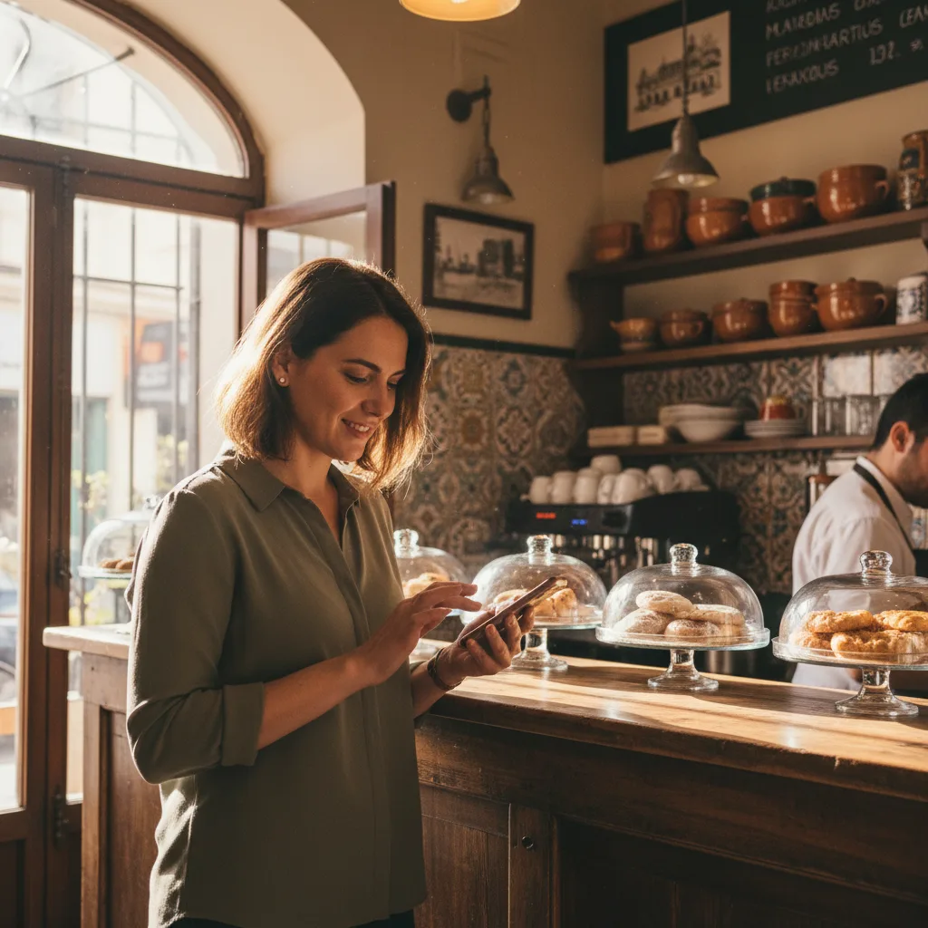 Mystery shopper tomando notas en el mostrador de una cafetería