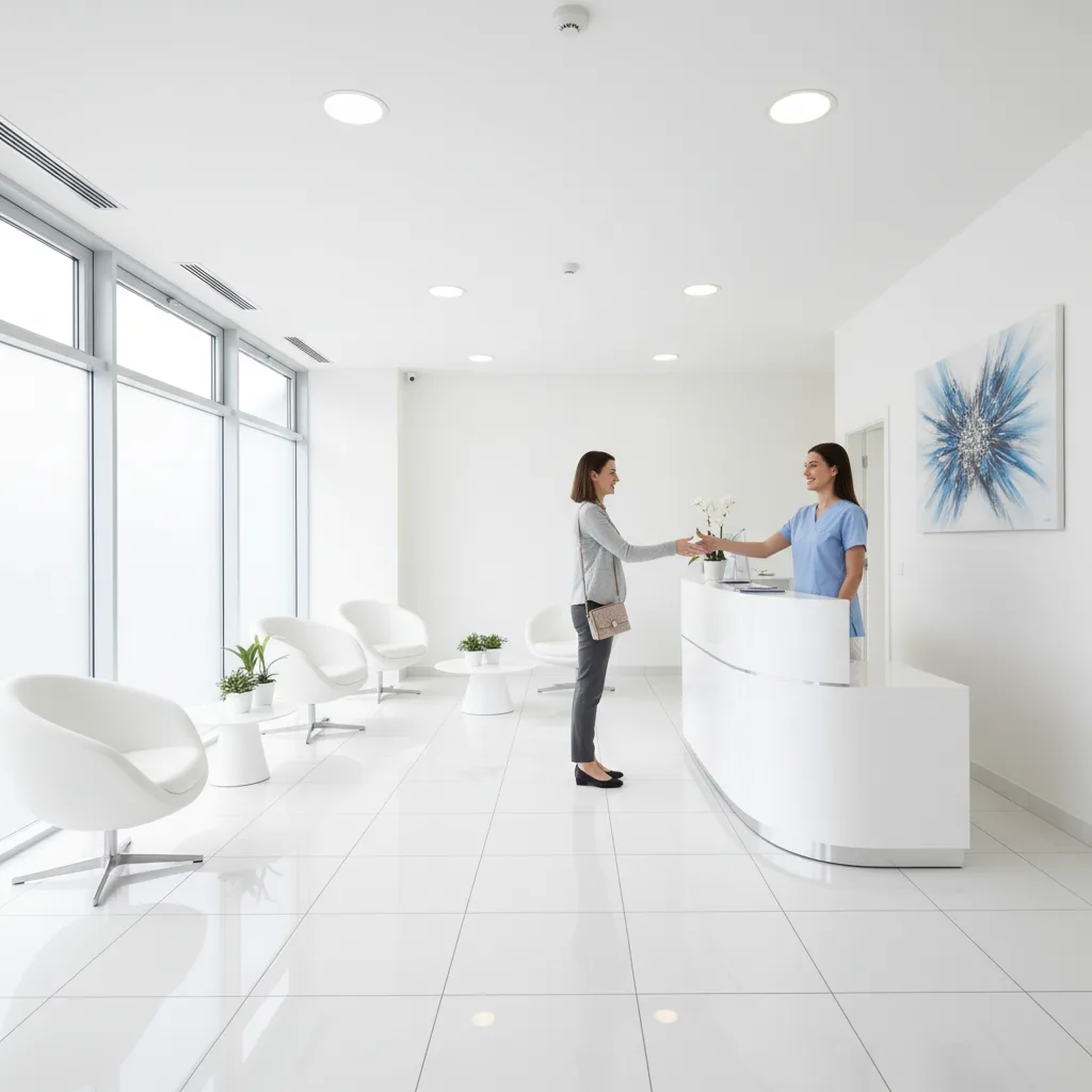 Recepción de una clínica dental atendiendo a un paciente