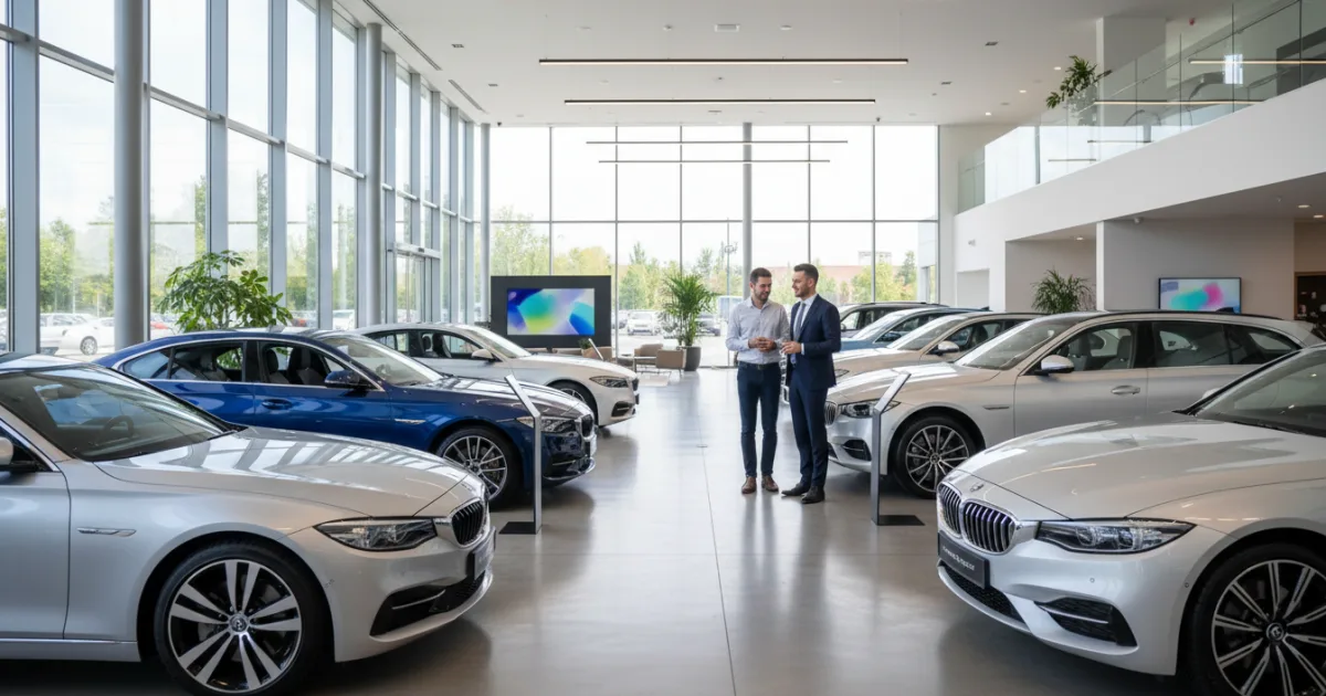 Interior de un concesionario de coches moderno con un comercial atendiendo a un cliente durante una visita de venta.