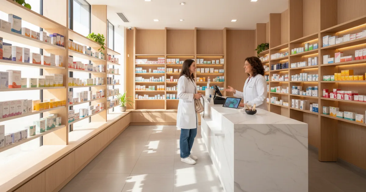 Interior de una farmacia moderna y luminosa con un farmacéutico atendiendo a un cliente en el mostrador.
