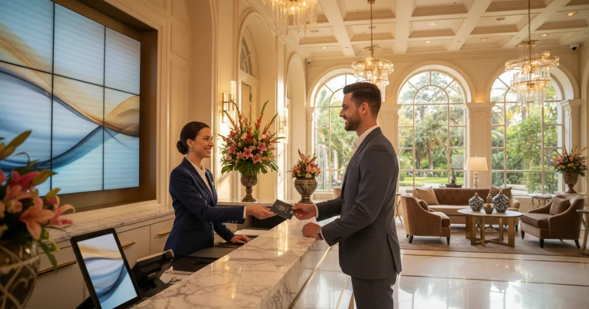 Recepción de un hotel moderno con personal atendiendo a un cliente de forma profesional