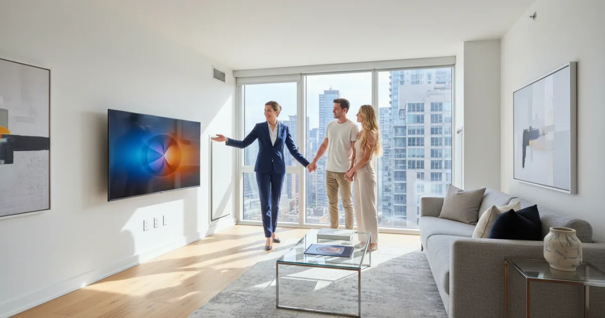 Un agente inmobiliario mostrando una vivienda a unos clientes durante una visita profesional