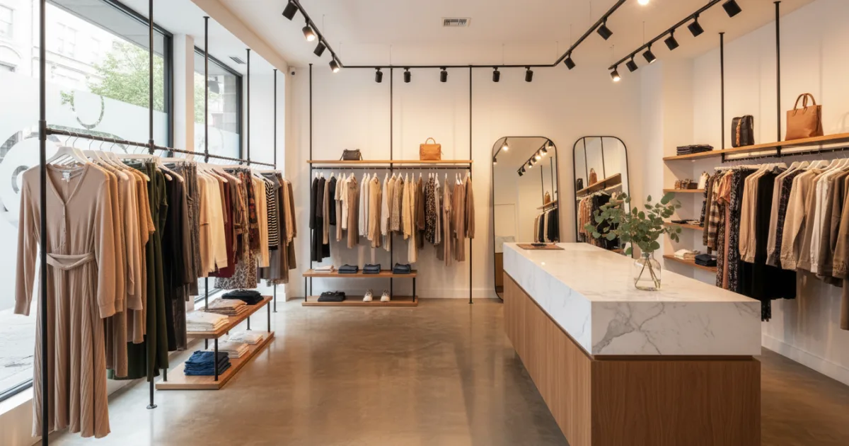 Interior de una tienda de ropa moderna y ordenada lista para una evaluación de mystery shopping.