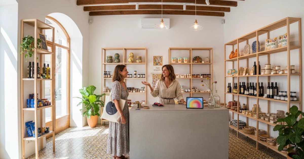 Dependienta de una tienda local saludando amablemente a un cliente en el mostrador, siguiendo un protocolo de atención.